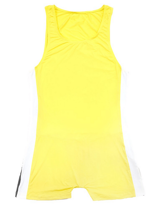 Bright yellow men's one-piece elastic swimsuit made of acrylic and LYCRA for superior comfort and performance.