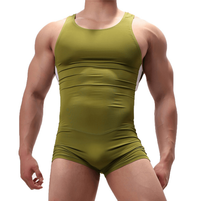 Men's green one-piece swimwear, made of elastic Acrylic and LYCRA, perfect for swimming workouts, displayed on male model.