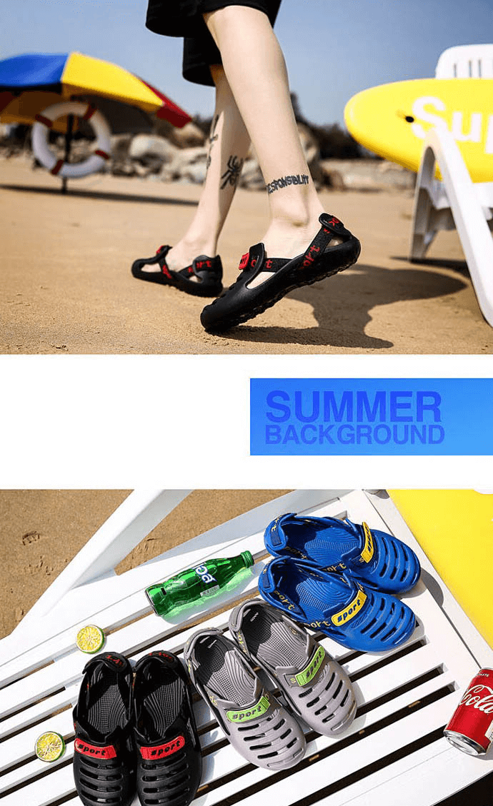 Person walking on beach wearing lightweight men's outdoor beach shoes; various clogs displayed on white bench, perfect for summer fun.