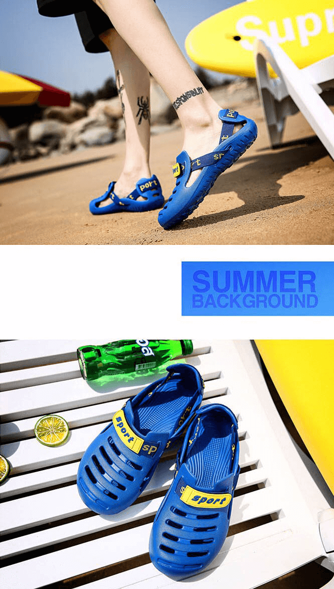 Blue men's outdoor beach shoes on sand, lightweight flexible male clogs with "Sport" label, perfect for summer activities.