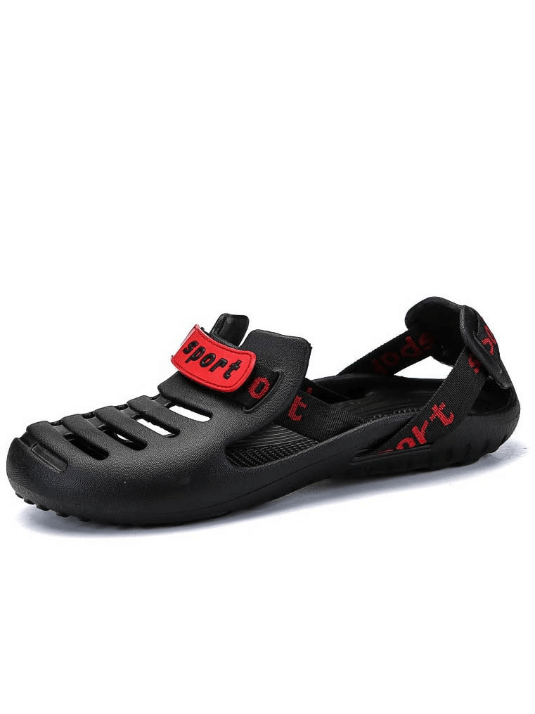 Men's lightweight outdoor beach shoes, black with red strap, flexible clogs SF1071. Perfect for casual beachwear.