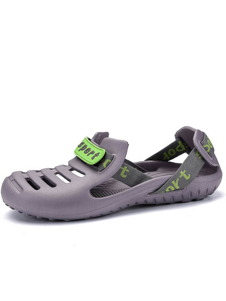 Men's outdoor beach shoes SF1071, lightweight and flexible clogs in gray with green accents, perfect for comfort and style.