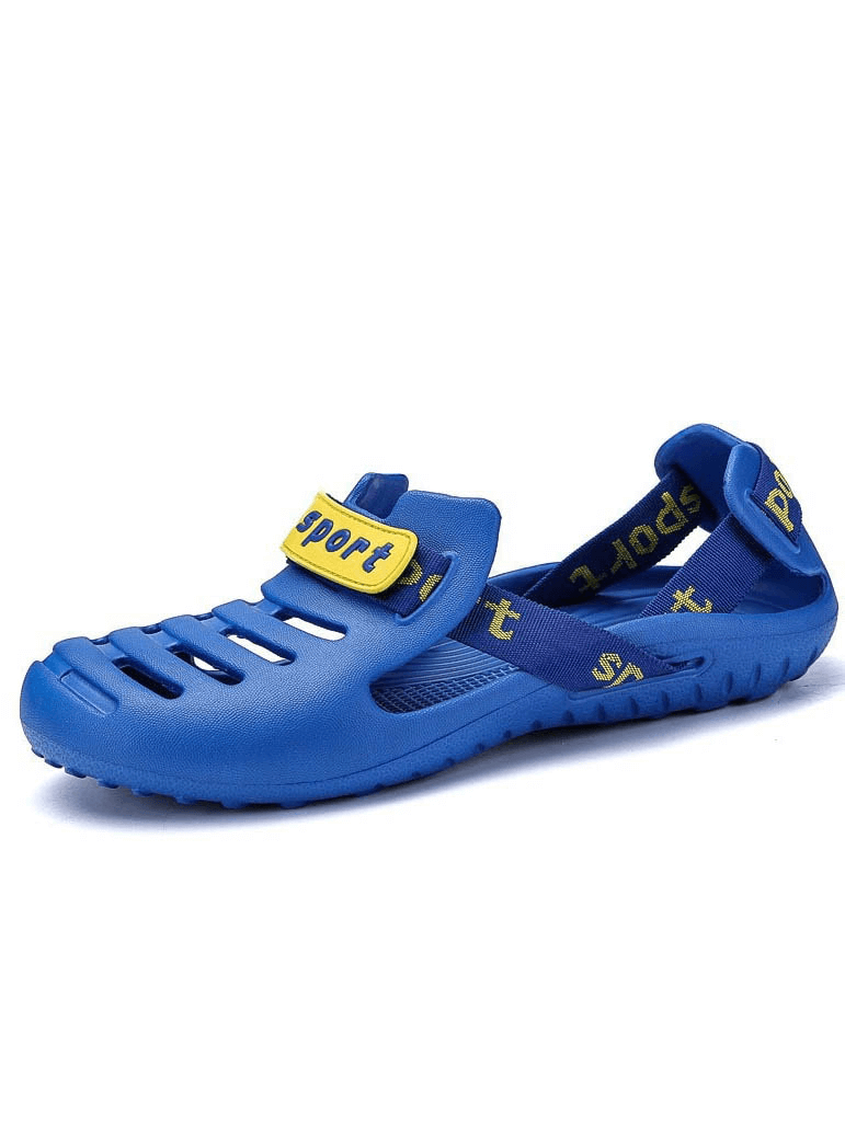 Blue men's outdoor beach shoe, lightweight and flexible, EVA material, slip-on design, perfect for comfort and style on the beach.