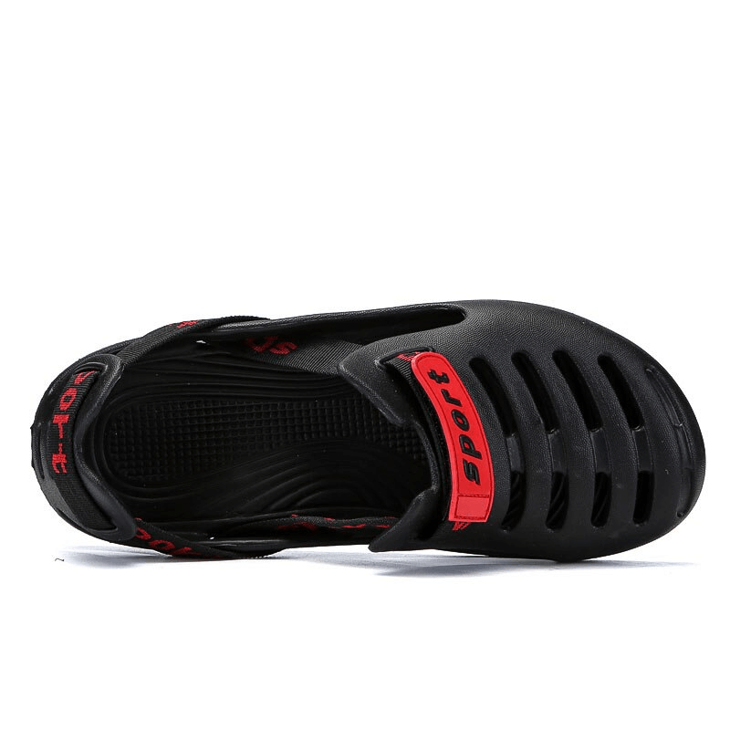 Men's outdoor beach clogs, lightweight and flexible in black with red details, featuring slip-on design for comfort and style, SF1071.