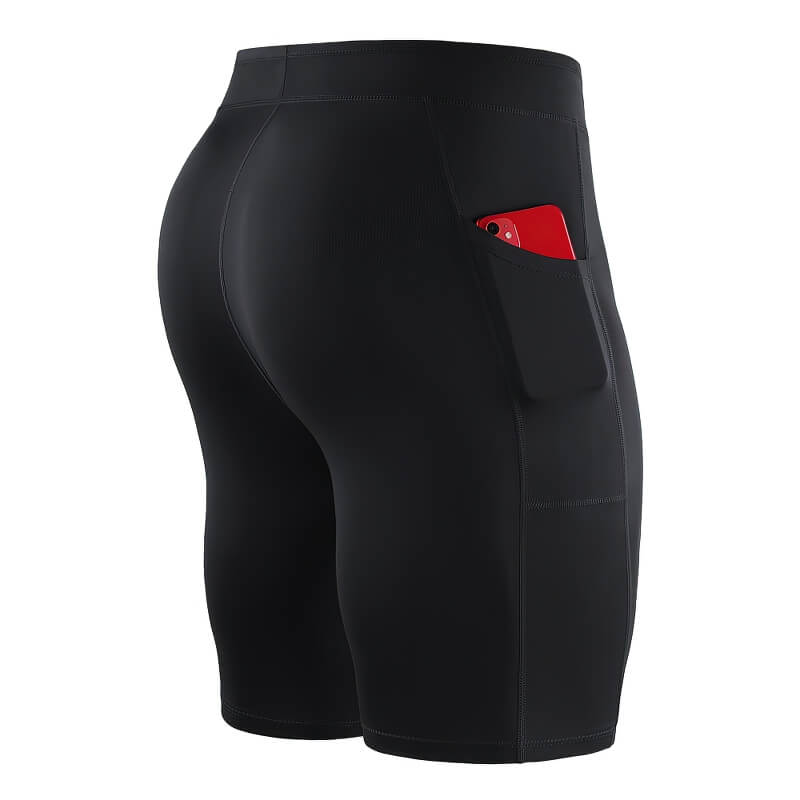 Men's black outdoor running shorts with phone pocket, stretchy compression fit for superior flexibility and comfort.