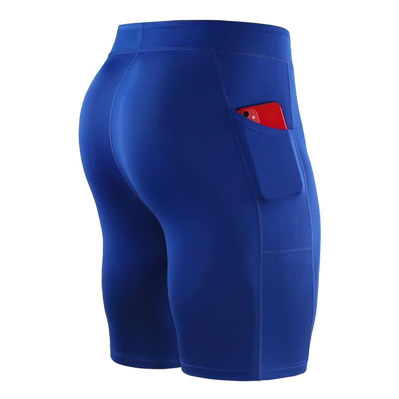 Men's blue outdoor running shorts with phone pocket, elastic compression fit, made of lightweight stretch fabric for flexibility.