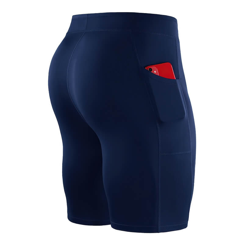 Men's outdoor running shorts with phone pocket, elastic compression tights in navy blue.