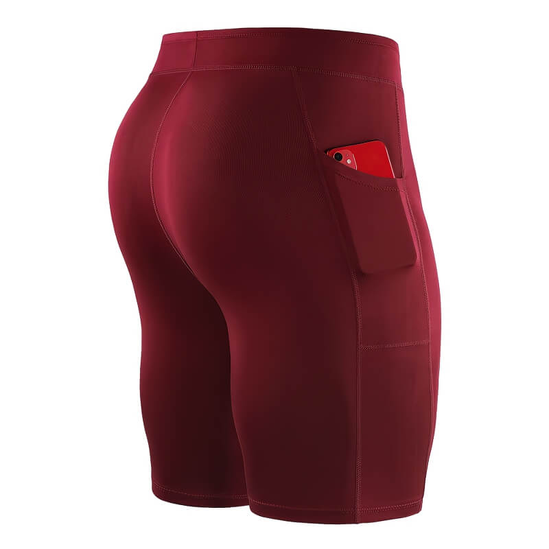 Men's red outdoor running shorts with phone pocket, patchwork compression tights for flexibility and comfort (SF0629).