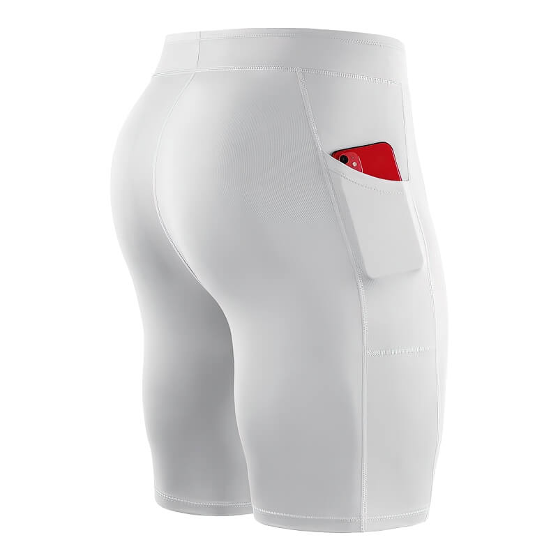 Men's outdoor running shorts with phone pocket, elastic compression tights, white, patchwork design, SF0629