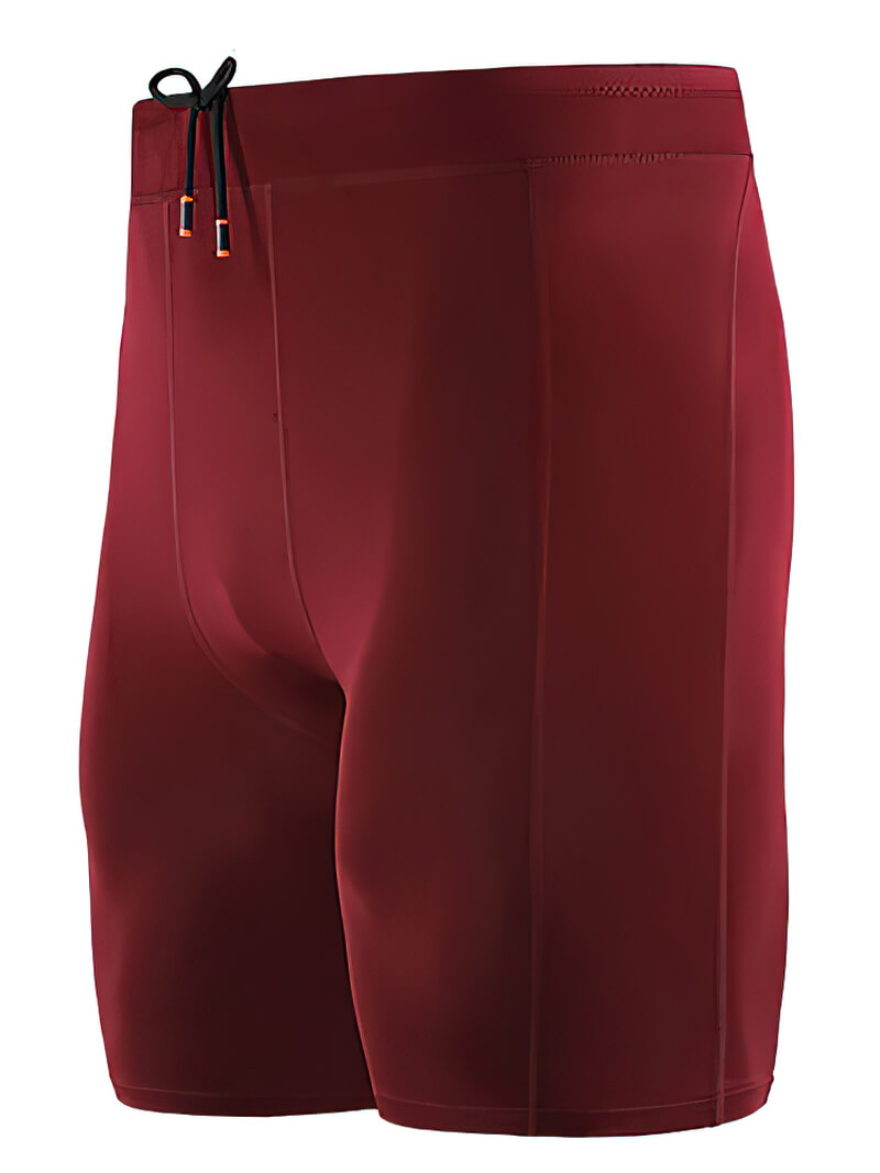 Red men's outdoor running shorts, elastic compression tights featuring patchwork design for optimal flexibility and comfort.