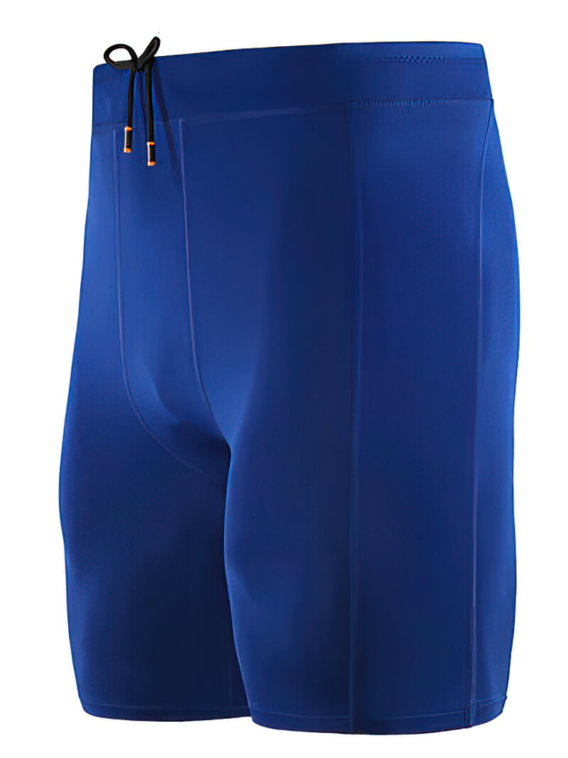 Men's blue outdoor running shorts, elastic compression style, crafted from lightweight stretchy fabric for comfort and flexibility.