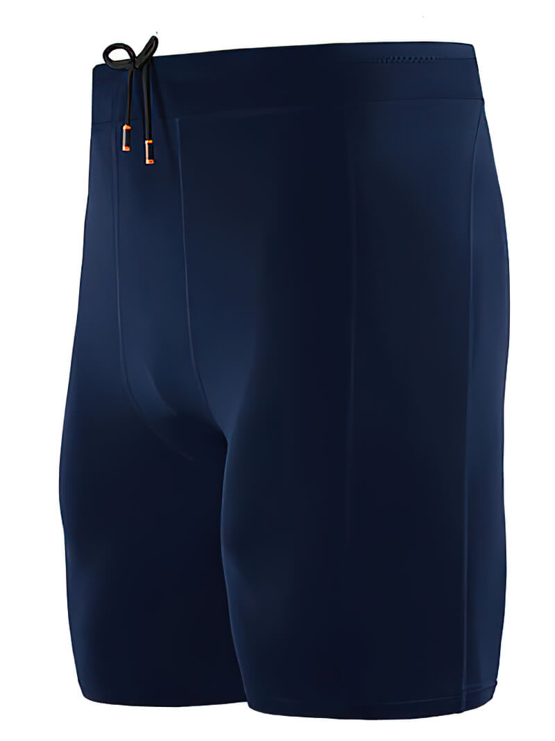 Men's outdoor running shorts, elastic compression tights, navy, stretchy lightweight fabric, comfort fit.