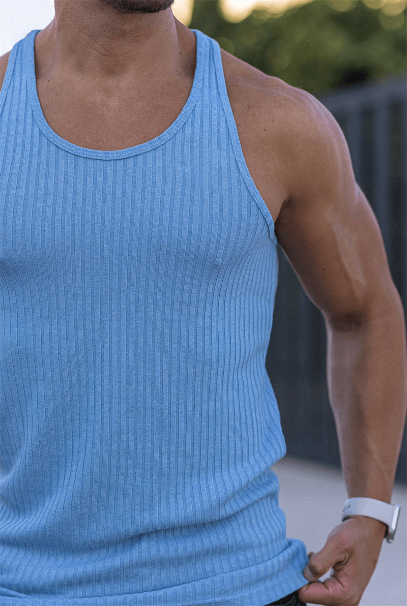 Men's blue sports tank top, sleeveless fitness wear for comfort and style during workouts.