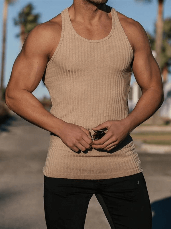 Men's pure color sports tank top in beige. Perfect fitness sleeveless attire for workouts, breathable and sweat-wicking design.