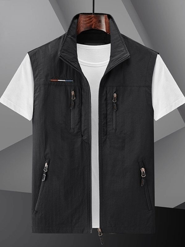 Men's quick-dry slim waistcoat with multi-pockets, black sleeveless vest, casual nylon stand collar, stylish and comfortable - SF1161