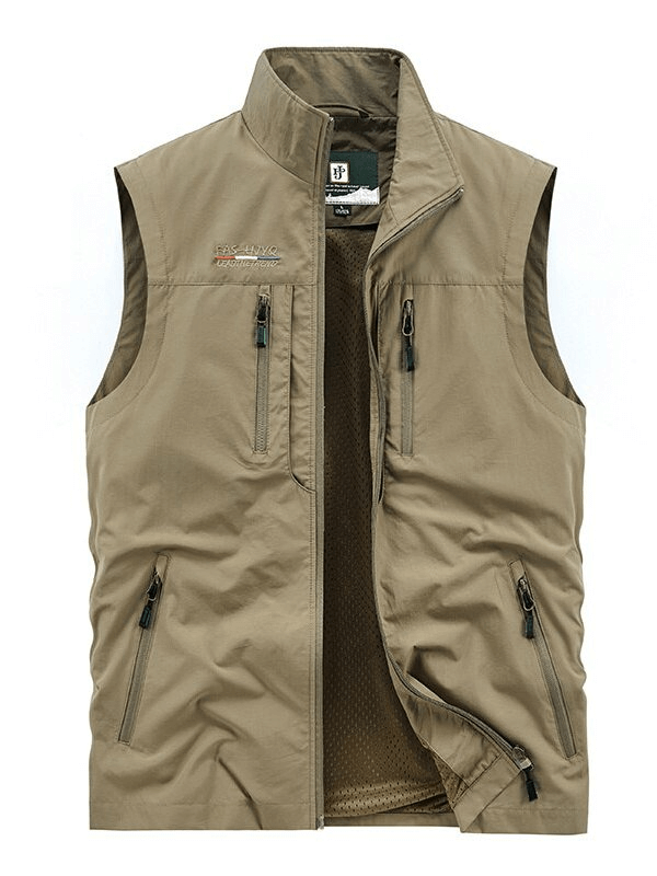 Men's quick-dry slim waistcoat with stand collar and pockets, ideal for casual wear. Made of high-quality nylon, perfect for outdoor activities.