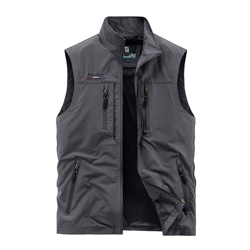 Men's quick-dry waistcoat, sleeveless, slim fit, nylon, multi-pocket, casual vest with stand collar in grey - SF1161