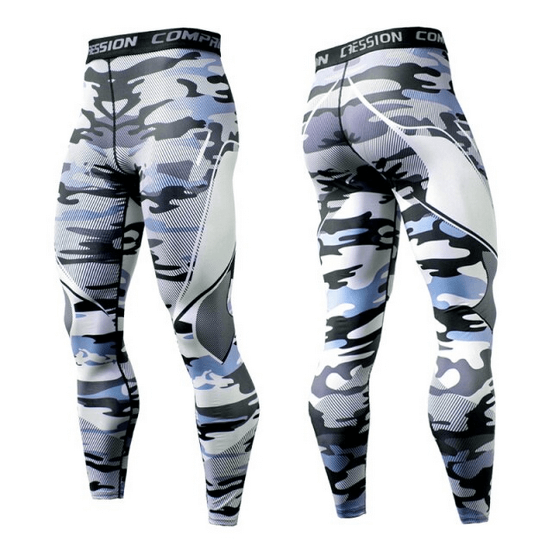 Men's quick dry camo workout tights with compression fit, featuring breathable polyester-spandex blend for intense training sessions.