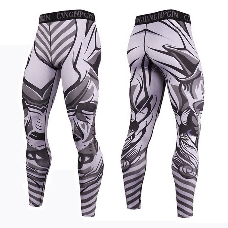 Men's quick dry workout tights with bold print pattern, designed for performance and comfort during intense runs. Model SF0787.