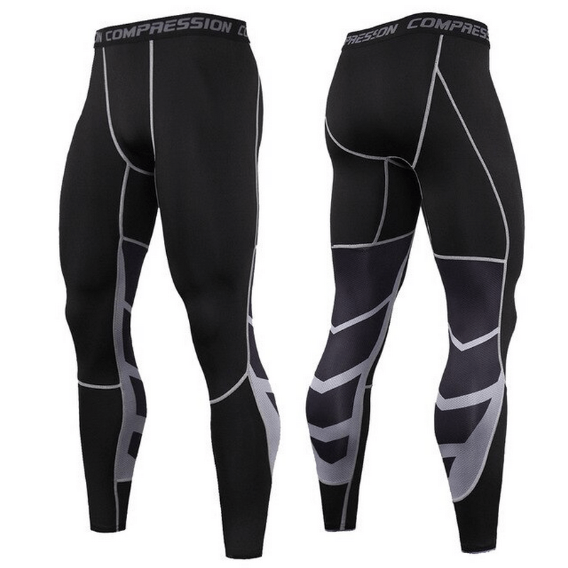 Men's Quick Dry Compression Sports Pants with stylish print, black full-length design, offers muscle support and breathability.