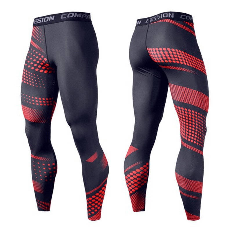 Men's Quick Dry Workout Tights SF0787 with red print pattern for comfort and breathability during intense workouts.