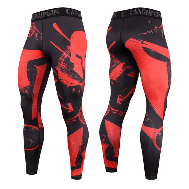 Men's red and black quick dry workout tights with Spartan helmet print, ideal for running and sports. Model number: SF0787.