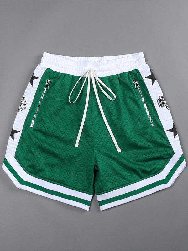 Men's quick-drying loose green basketball shorts with pockets, stylish design, ideal for running and court activities.