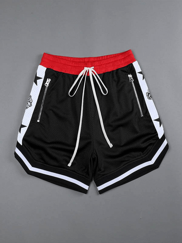 Men's quick-drying loose black basketball shorts with red waistband and pockets, perfect for sports and running - SF1089