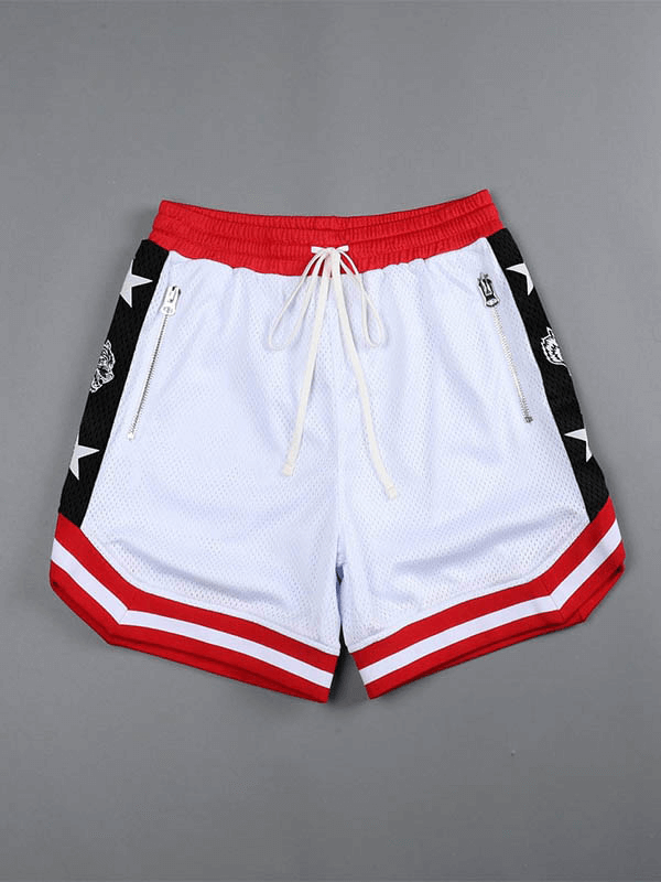 White and red quick-drying men's basketball shorts with side pockets, loose fit for running and playing sports, style SF1089.
