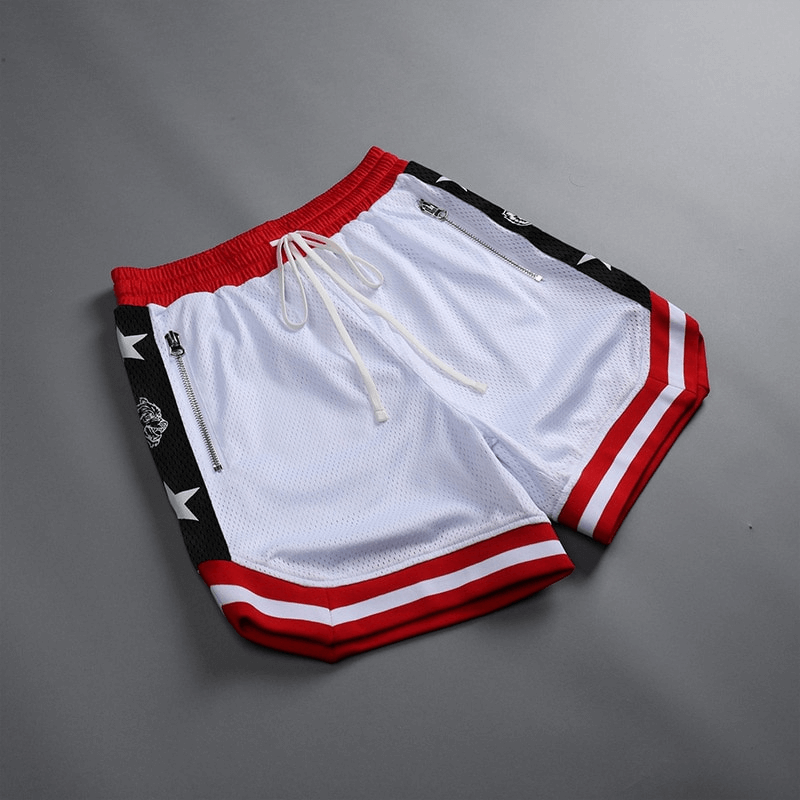 Men's quick-drying loose basketball shorts with pockets, white with black and red accents, ideal for running and court activities.