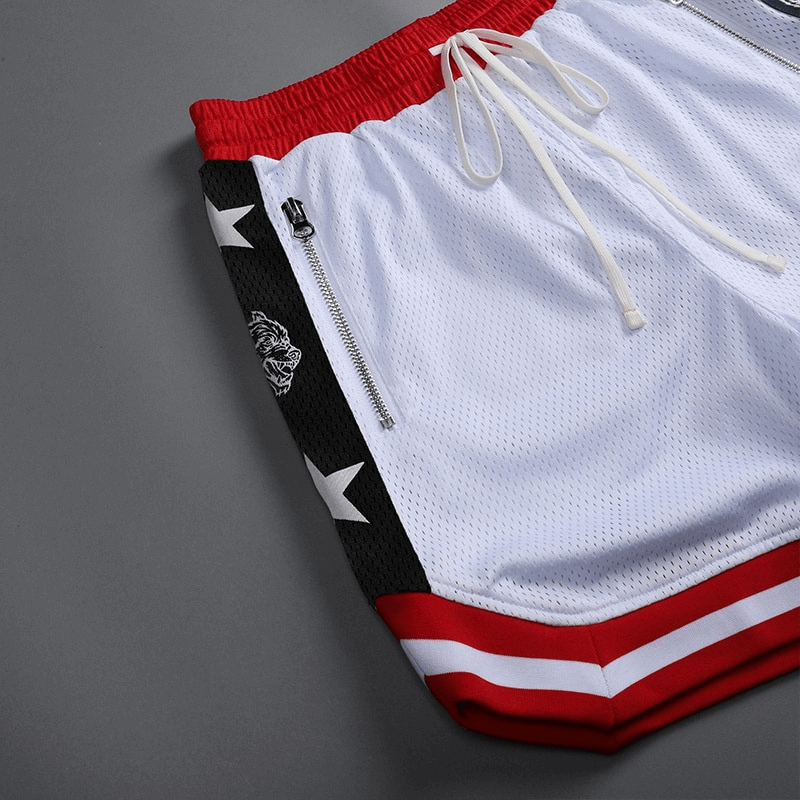 Men's Quick-Drying Loose Basketball Shorts with Stars and Stripes Trim - SF1089, featuring side pockets and drawstring waist.