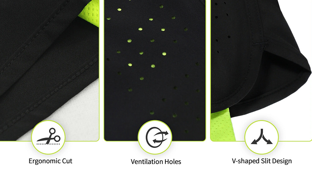 Close-up of men's running shorts featuring ergonomic cut, ventilation holes, and V-shaped slit design for comfort and mobility, product code SF0482.