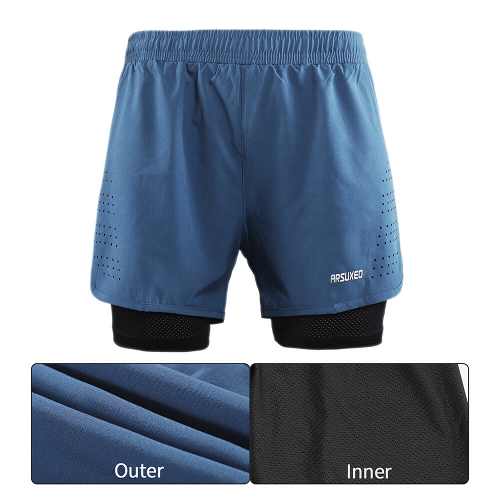 Men's blue running shorts with longer liner showcasing outer and inner fabric details.