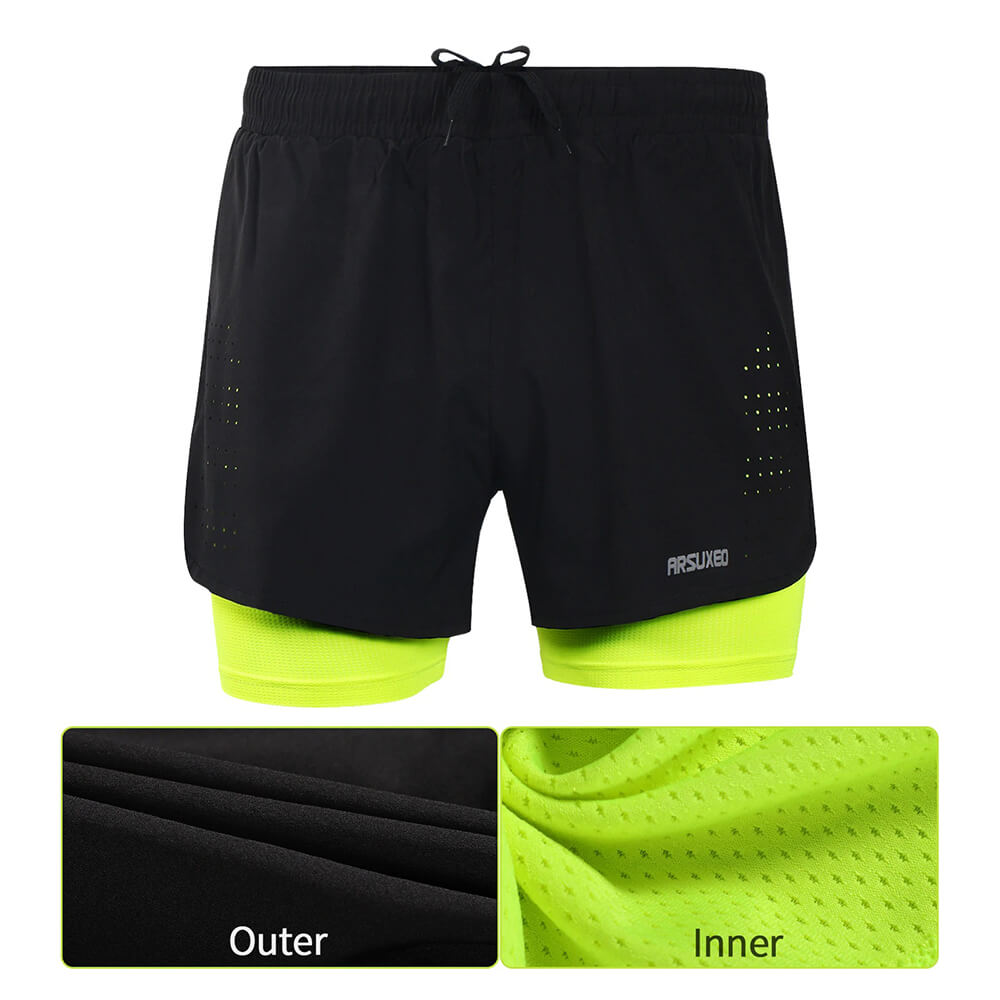 Black men's running shorts with neon green longer liner for comfort and breathability, featuring fabric close-ups labeled 'Outer' and 'Inner'.