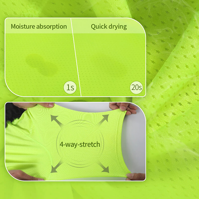 Bright green fabric demonstrating moisture absorption, quick drying (1s-20s), and 4-way stretch for men's running shorts.