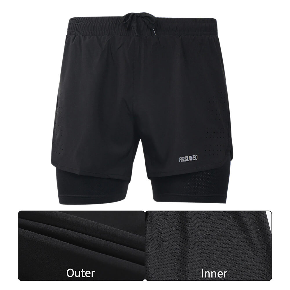 Black men's running shorts with a longer liner, featuring breathable spandex and polyester fabric, perfect for fitness and running.