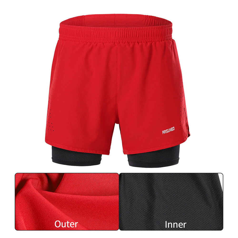 Red men's running shorts with black longer liner, designed for breathability and comfort. Ideal for fitness and running enthusiasts.