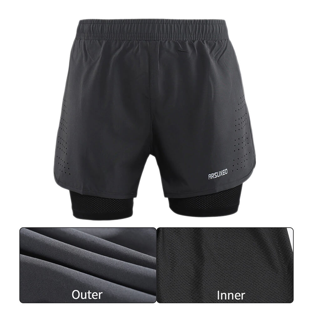 Men's running shorts with longer liner, showcasing spandex and polyester fabric details for ultimate comfort and mobility.