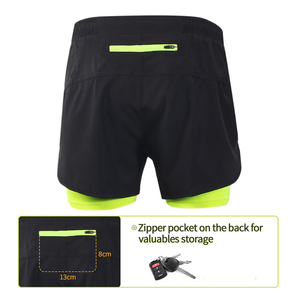 Men's running shorts with longer liner, showing back zipper pocket for securing valuables, in stylish black and neon accents.