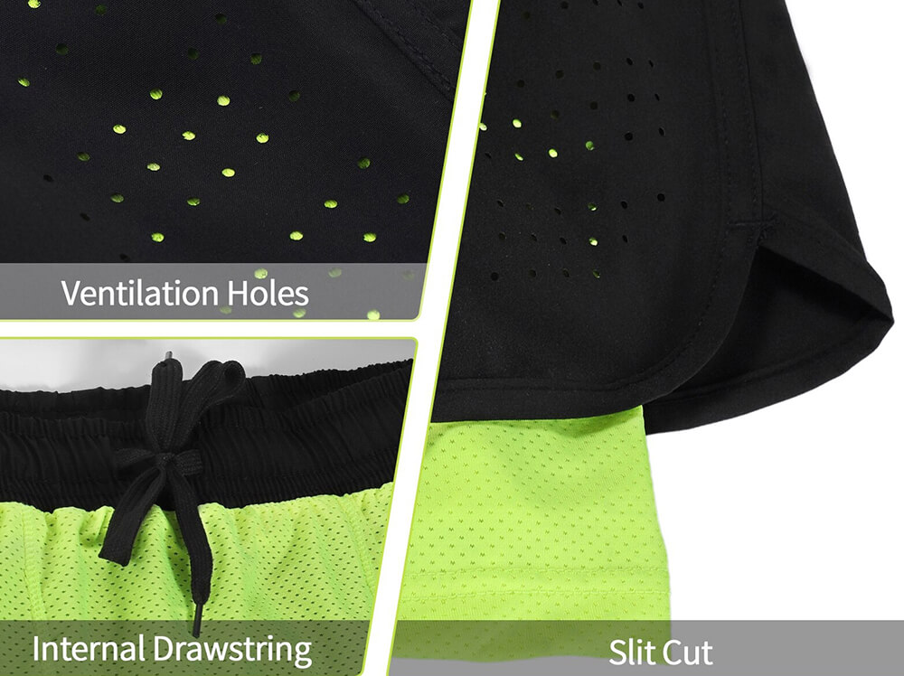 Close-up of men's running shorts with ventilation holes, internal drawstring, and slit cut, showcasing design and functionality.