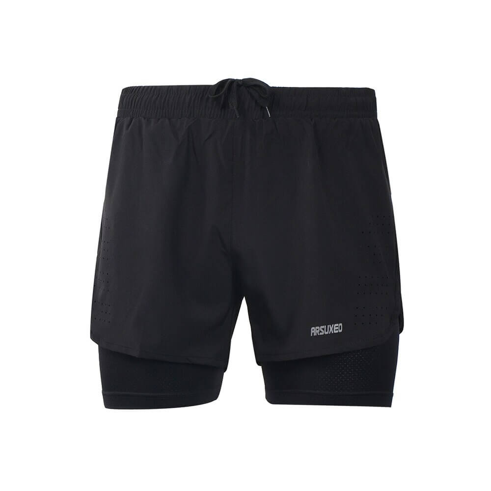 Men's black running shorts with longer liner for comfort and performance, featuring spandex and polyester blend for breathable mobility.