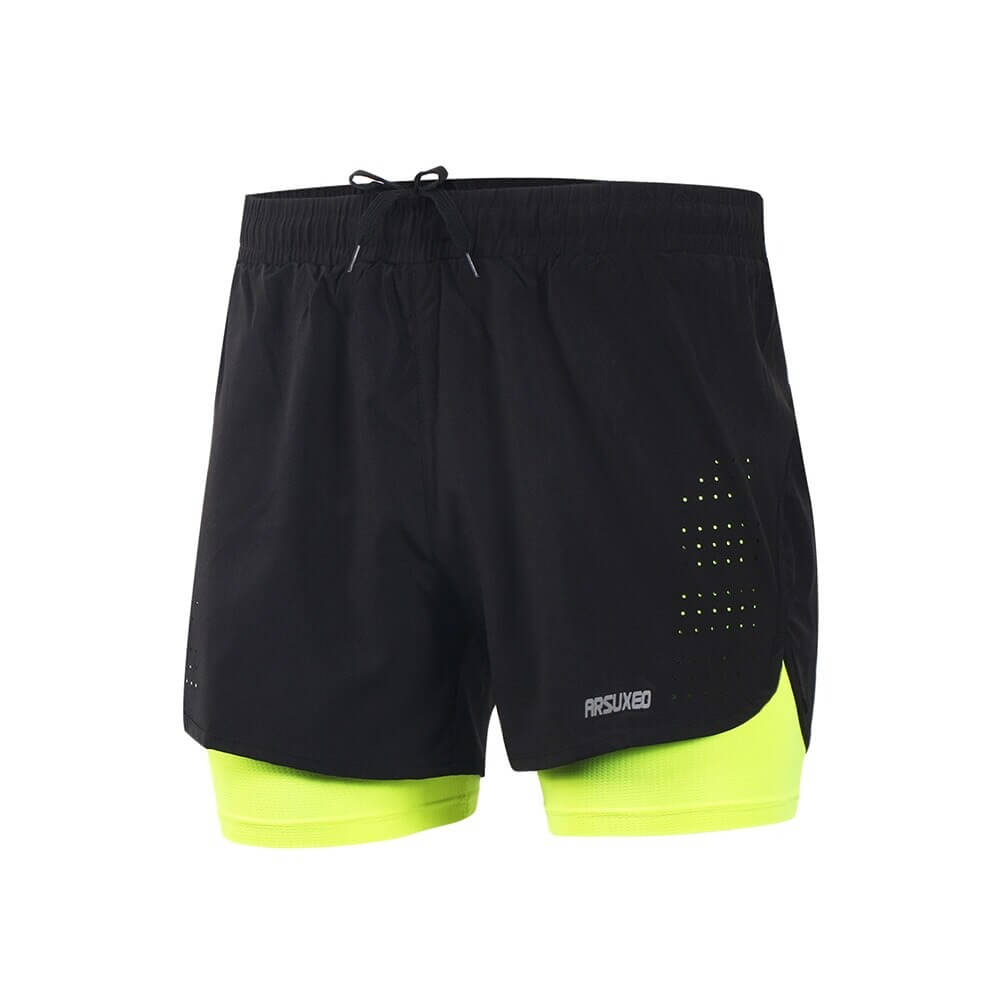 Men's black running shorts with neon green longer liner, designed for comfort and performance during fitness activities and running.