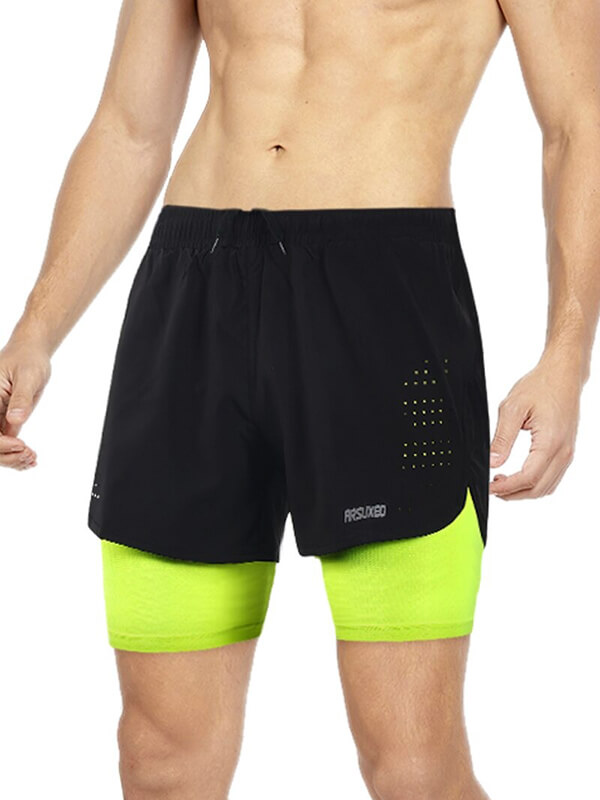 Men's running shorts with neon green longer liner, perfect for increased coverage, comfort, and mobility during workouts.