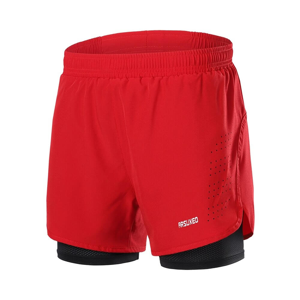 Red men's running shorts with longer liner, featuring breathable spandex-polyester blend for ultimate comfort and performance - SF0482