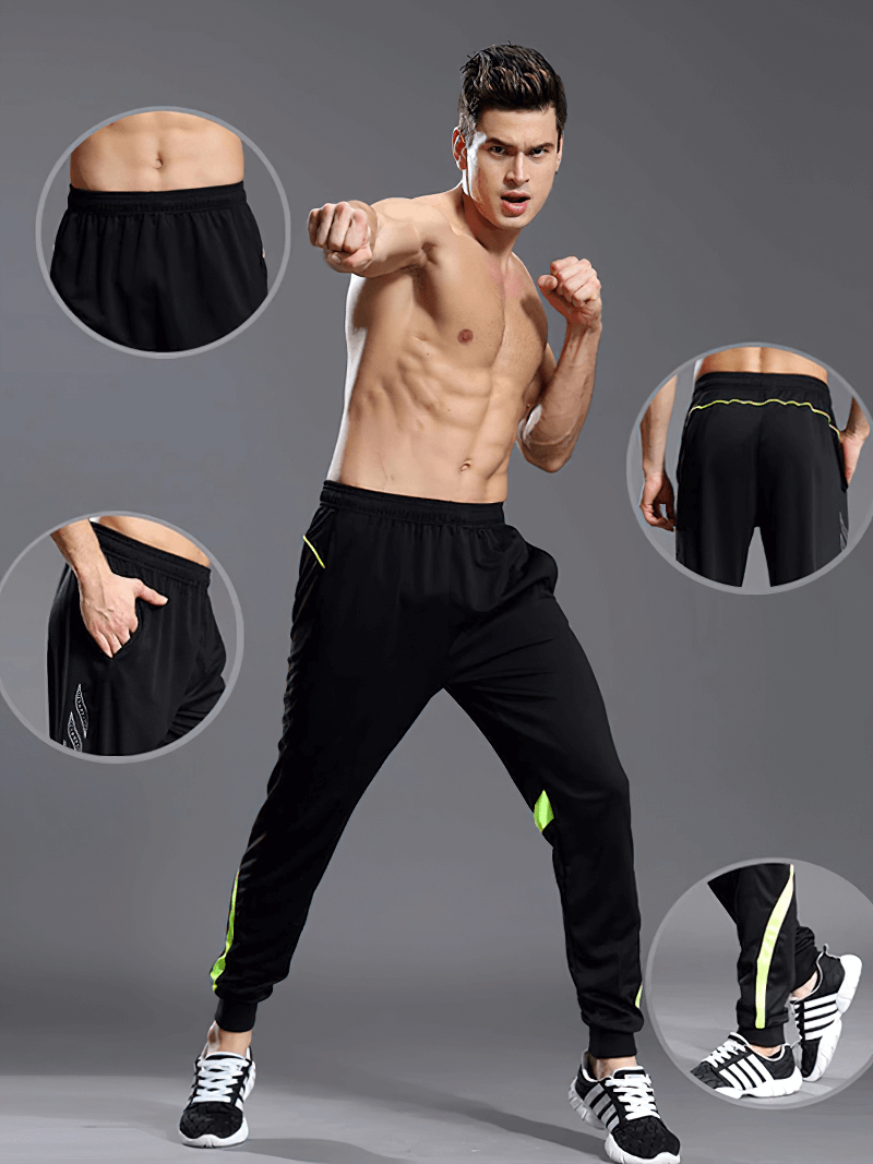 Model showcasing Men's Running Sports Pants with Zipper Pockets, emphasizing fit, comfort, and design details, perfect for active wear.