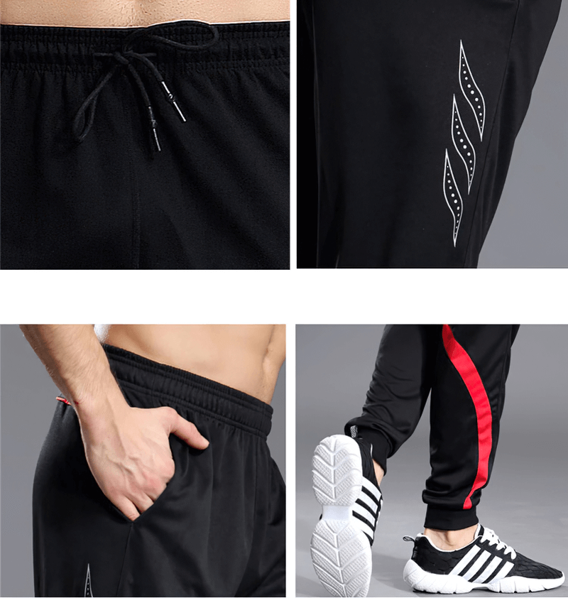 Men's running sports pants with zipper pockets, featuring elastic waist and design details. Full-length, ideal for performance and comfort.