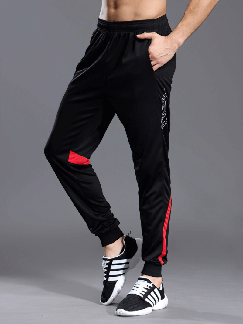 Men's Running Sports Pants with Zipper Pockets, full-length, black with red accents, elastic waist, ideal for running, SF0442.
