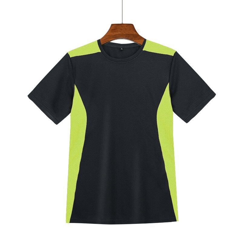 Men's quick dry football t-shirt in black with neon green accents, ideal for sports and training, featuring breathable polyester fabric.