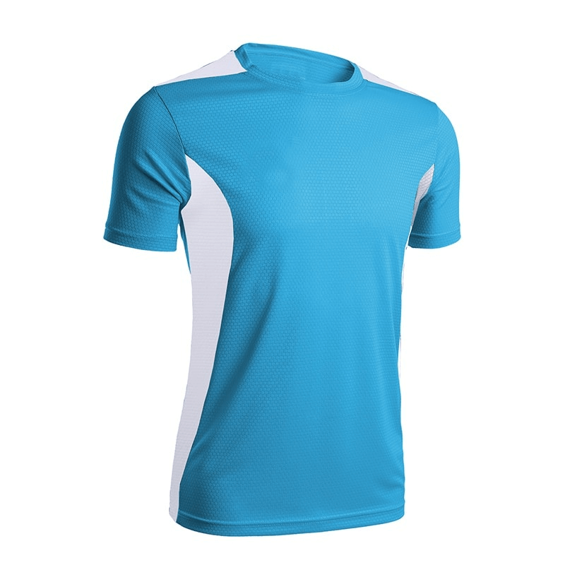 Men's blue quick-dry short sleeve football t-shirt, ideal for sports and outdoor activities, made from breathable polyester fabric.