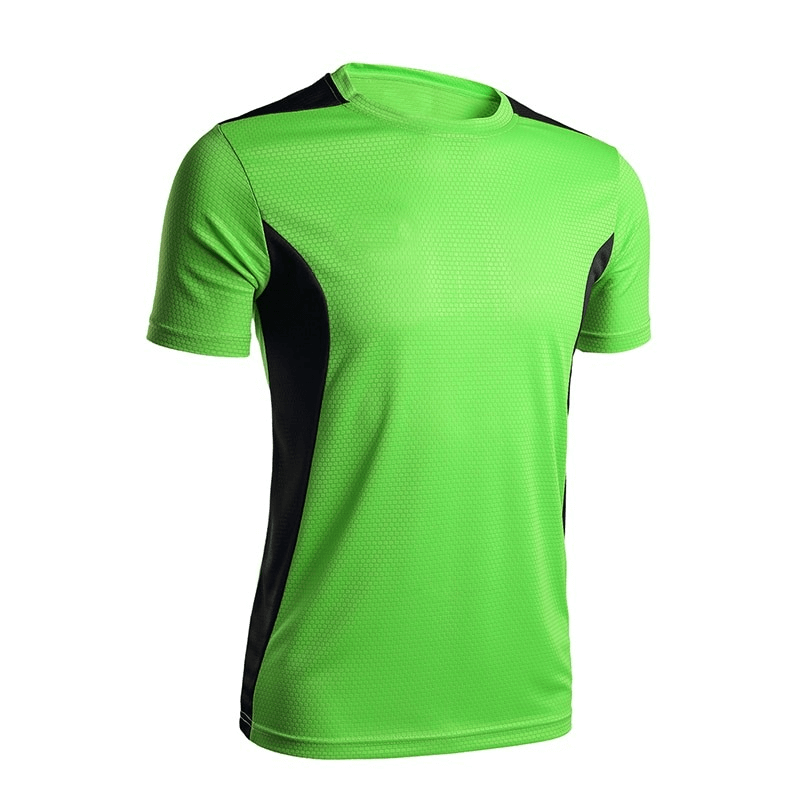 Vibrant green men's short sleeves quick-dry football t-shirt made from breathable polyester, ideal for sports, training, and casual wear.